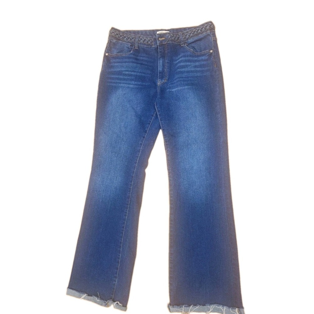 OAT New York Boho Flare Jeans Braided Waistband Raw hem Med Wash 12/31 Stretch